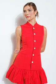 VESTIDO ROJO SIN MANGAS CUELLO V Y FALDA DE GLOBO